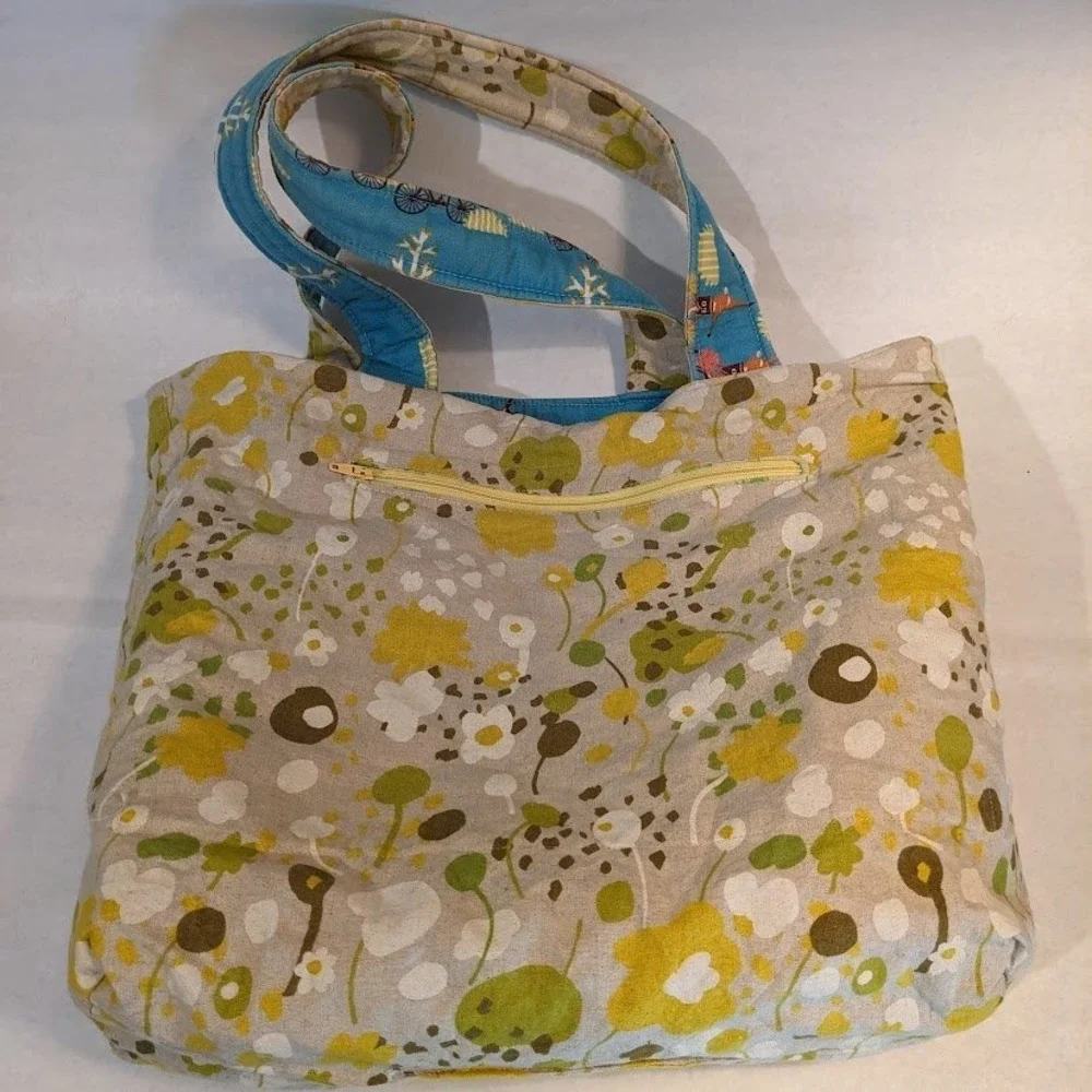 Handmade Reversible Tote Bag Tour de Forest Deer Biking Floral Blue Yellow
